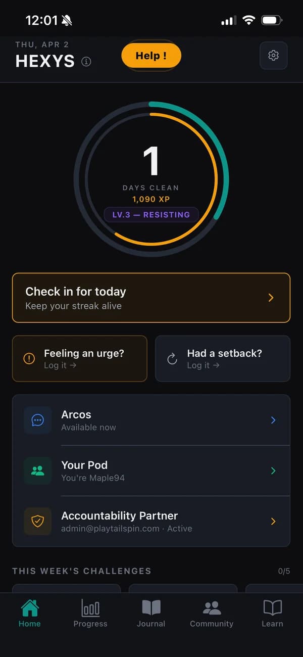 Hexys app dashboard showing streak and recovery tools